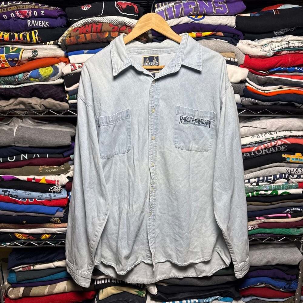 Vintage Harley-Davidson Biker Blues Light Wash Denim Long Sleeve Button Up Shirt